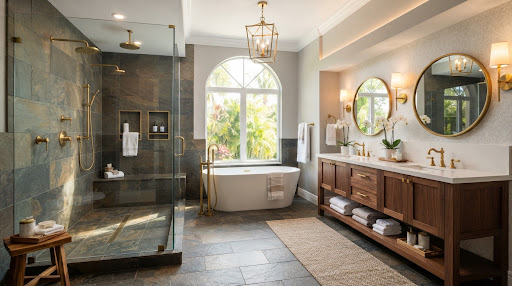 Bathroom design featuring a slate tile shower, freestanding oval tub, walnut vanity, and brushed brass fixtures